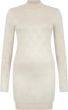 Philipp Plein Kleedjes, Dames, Beige, L, Knit Day Dress Monogram