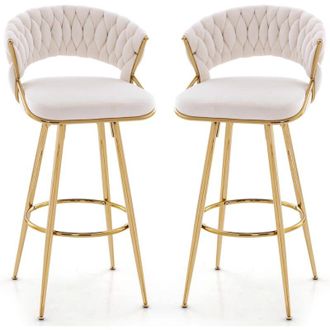 Costway Costway - Set di 2 Sgabelli Bar in Velluto, Sgabello Bar di 73 cm con Schienale Intrecciato e Gambe in Metallo, Sgabello da Bar con Schienale e