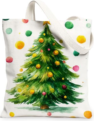 Generic Christmas Tree Canvas Tote Bags, Colorful Holiday Pattern Reusable Bags, Fun Lightweight Washable Shoulder Strap Canvas for Grocery Travel Picnic 13x1
