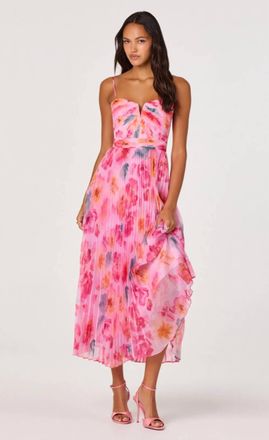 Astr Ayla Floral Pleated Midi Dress In Pink