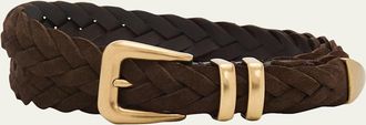 Brunello Cucinelli Mens Braided Suede Gold-Tone Trim Belt