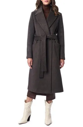 Bernardo Belted Wool Blend Longline Coat in Dark Oak at Nordstrom, Size Xx-Large