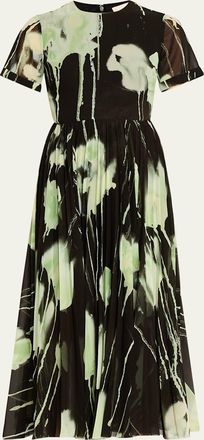Jason Wu Pleated Watercolor-Print Midi Dress