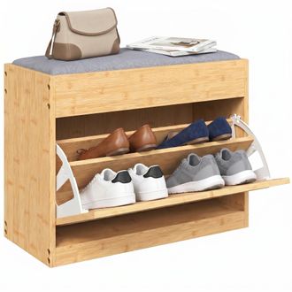 HOMCOM Homcom Banco Zapatero, Banco Recibidor Con Asiento Acolchado, Caj&oacute;n Abatible, Puerta De Rat&aacute;n, Estante Ajustable, 63x29x48 Cm, Natural Y Gris