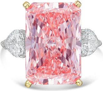 Diana M. Jewels 18kt Yellow gold Lab grown 10ct Fancy pink radiant diamond ring with heart diamonds on the side and micropave band