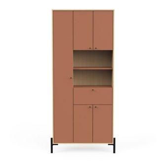 Calicosy Armario 4 puertas y espejo A201,5 cm - Efecto Roble y naranja