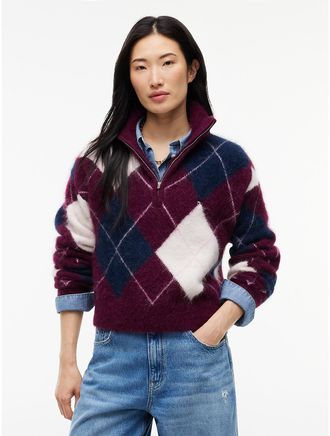 Tommy Hilfiger Womens Tommy Jeans Argyle Quarter-Zip Sweater - Calypso Berry - XL
