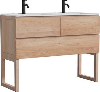 Vente-Unique Mueble de ba&ntilde;o de roble macizo con doble lavabo encastrado y grifo - Natural claro - 120 cm - TARELO