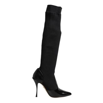 Dolce & Gabbana Over-the-Knee Boots, female, Black, 5 UK, Black Leather Ribbed Knit Boots