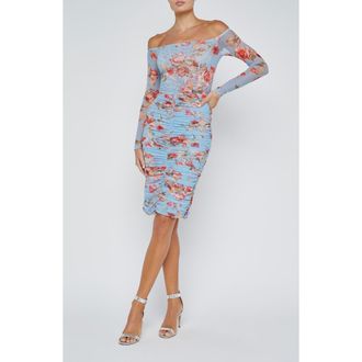 L'agence Peonie Floral Off the Shoulder Mesh Bodysuit in Lt Blue Ta at Nordstrom Rack, Size Xx-Small