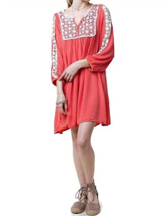 Greek Archaic Kori Lace Peasant Dress In Coral