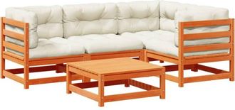 vidaXL Set De Sof&aacute;s Jard&iacute;n 5 Pzas Con Cojines Madera Pino Marr&oacute;n Cera Vidaxl
