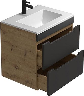 Vente-Unique Mobile per bagno sospeso con lavabo da incasso Naturale e Antracite 60 cm - ARUBA