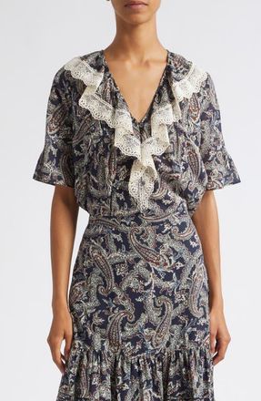 Veronica Beard Pamelis Paisley Ruffle Lace Trim Top in Navy Multi at Nordstrom, Size 16