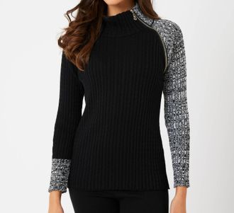 French Kyss Long Sleeve Zip Neck Top In Black/ivory