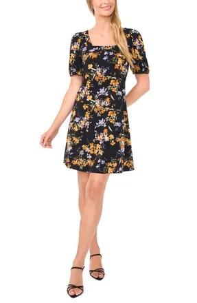 CeCe by Cynthia Steffe Floral Square Neck Crepe Knit Dress in Rich Black at Nordstrom, Size Xx-Small