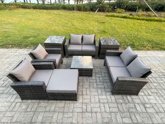 Fimous Rattan Garden Furniture Set Patio Outdoor Lounge Sofa Set with Square Coffee Table Double Seat Sofa Side Tables in Dark Grey