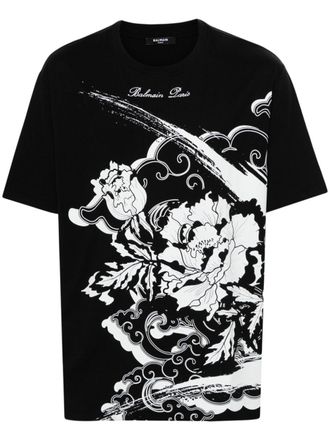 Balmain Flower-print cotton T-shirt - Black