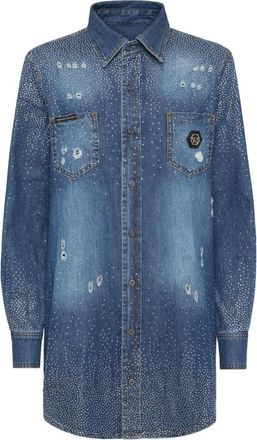 Philipp Plein Denim Shirt Strass - Dames - Spijkeroverhemden - Blauw - S - Denim - Overhemden