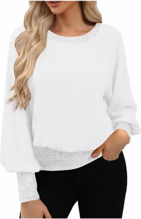 Generic Womens Blouses Puff Long Sleeve Tunic Tops Loose Round Neck Glitter Top Party Club Blouses Ladies Sparkly Tops Elegant Shimmer Baggy Loose Fit Shirts 