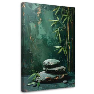 Feeby Cuadro Sobre Lienzo, Piedras Zen Spa Hojas De Bamb&uacute; En Verde, 80x120