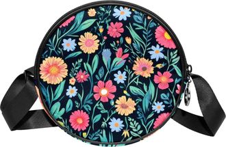 Generic Circle Crossbody Bag for Women, Colorful Flowers Small Sling Bag Daypack with Zipper Adjustable Shoulder Straps Casual Ladies Girls Round Purse