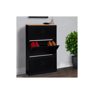 IDMarket Idmarket - Ester Mueble Zapatero De 3 Puertas De Metal Negro Con Tapa De Madera De Dise&ntilde;o Industrial