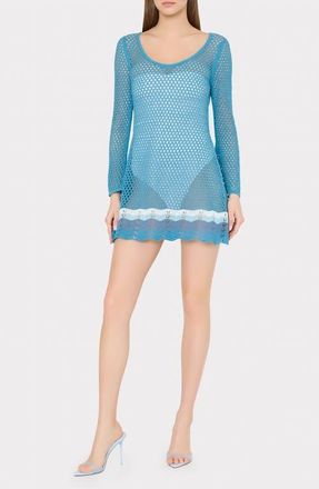 Milly Crochet Long Sleeve Cover-Up Minidress in Blue Multi at Nordstrom, Size X-Small