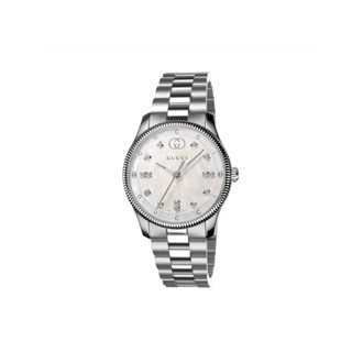 Gucci G-Timeless 29 mm roestvrijstalen kast- witte moeder van pareldial met en lettering- diamanten indexen- roestvrijstalen armband - Dames - Horloges - Gr