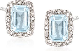 Ross-Simons Aquamarine Stud Earrings With Diamond Accents in Sterling Silver