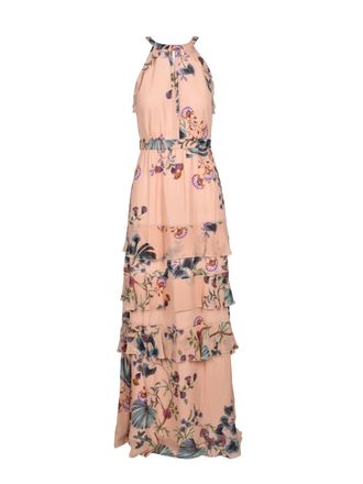 Nenette Pink Halter Neck Tiered Viscose Chiffon Maxi Dress