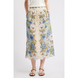 Farm Rio Garden Scarf Print Linen Midi Skirt in Garden Scarf Blue at Nordstrom, Size X-Small