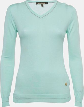 Roberto Cavalli Blue Cotton Knit V-Neck Sweater