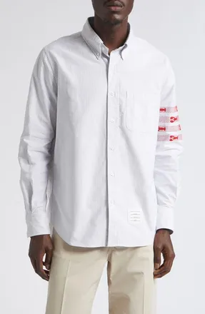 Thom Browne Lobster Embroidery Detail Stripe Cotton Button-Down Shirt in Medium Grey at Nordstrom, Size 5