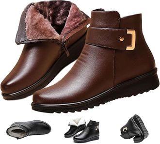 Generic Womens Metal Buckle Genuine Leather Wool Orthopedic Boots, Winter Warm Non-Slip Artificial Fur Lined Waterproof Ankle Boot with Zipper (Brown,39)