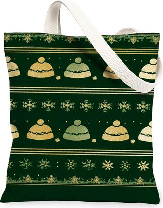 Generic Winter Hats Canvas Tote Bags, Cozy Beanie Design Reusable Grocery Bags, Festive Lightweight Washable Shoulder Strap Canvas, Green, 13x15 Inch