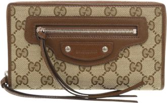 Gucci Beige Brown Gg Canvas Leather Long Wallet (Bi-Fold) (Pre-Owned)