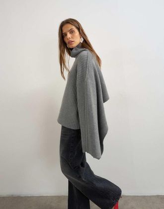 Topshop maglione lavorato a maglia a coste oversize con dettaglio mantella in carbone-Grigio