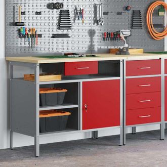 vidaXL Banco da Lavoro con cassetto Rosso e grigio 100 x 55 x 85 cm vidaXL