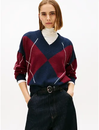 Tommy Hilfiger Womens Argyle V-Neck Sweater - Navy - L