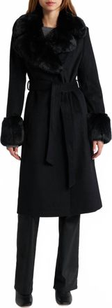 Via Spiga Belted Faux Fur Trim Coat In Black