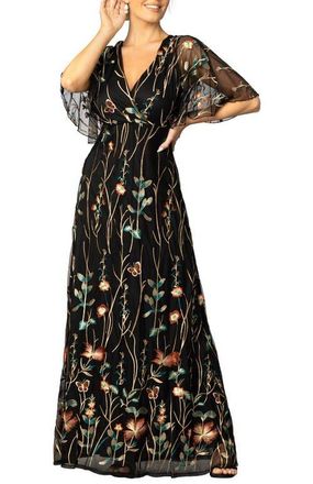 Kiyonna Embroidered Elegance Evening Gown with Sleeves in Onyx at Nordstrom, Size X-Large