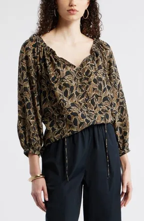 Nordstrom Ruffle Neck Tie Front Top in Black- Tan Leaf Global at Nordstrom, Size Xx-Small/x-Small