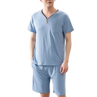 Generic Pyjamas for Men Mens Sleepwear Soft Smooth Short Sleeve Short Pant Sleepwear Man with Pockets Two Piece Pajamas (Light Blue, XXXXL)