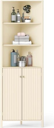 Costway 68 Tall Beige Corner Cabinet Modern Corner Storage Cabinet with 5 Shelves and 2 Fluted Doors