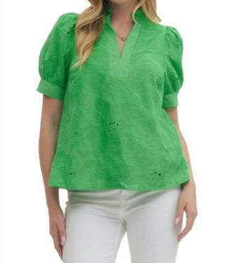 Entro Floral Embroidered V-Neck Puff Sleeve Top In Green