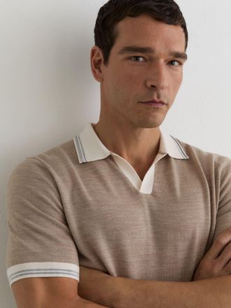 Reiss Wheat Melange Merino Wool Tipped Polo Jumper, Xxl