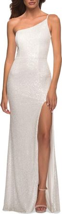 La Femme Simple One Shoulder Long Sequin Evening Gown in White at Nordstrom, Size 00