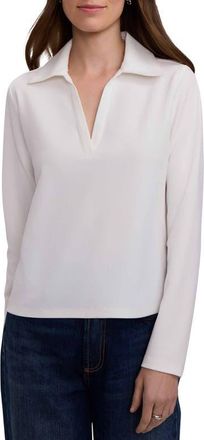 Foxcroft Talia Crepe Knit Long Sleeve Polo in Ecru Beige at Nordstrom, Size X-Small