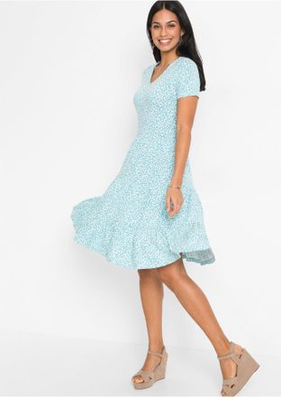 Bonprix Jerseykleid BONPRIX, Damen, Gr. 52/54 (XXL), N-Gr, blau (t&uuml;rkisblau gebl&uuml;mt), Obermaterial: 95% Viskose, 5% Elasthan, A-Linie, Kleider Jerseykleid, f&uuml;